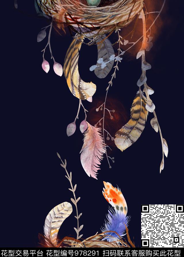 羽毛树枝鸟窝数码印花华亿平台下载（图片编号: 978291） - 瓦栏（Walan）