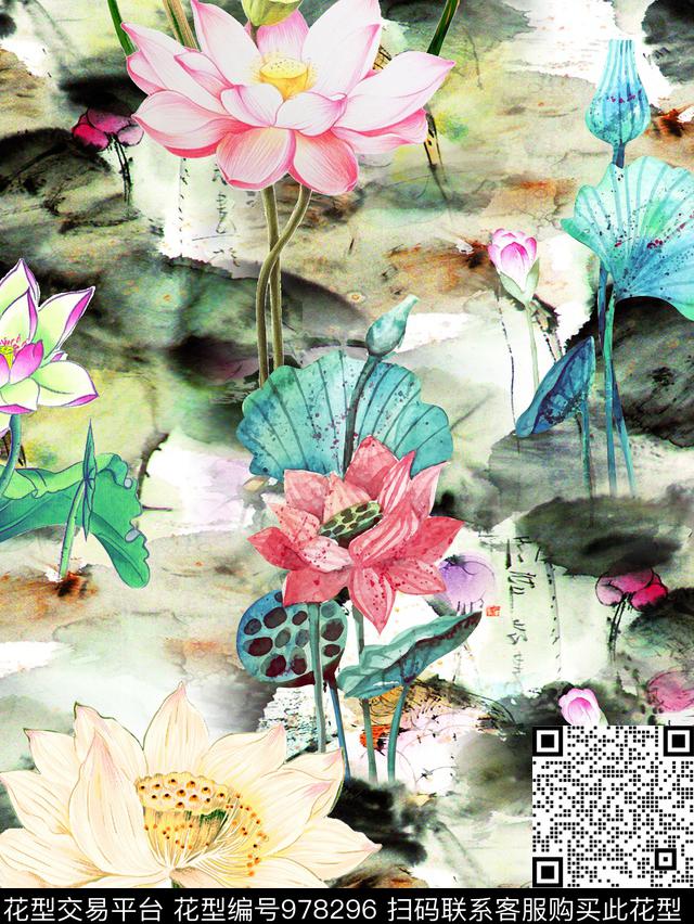 泼墨水墨风荷花数码印花华亿平台下载（图片编号: 978296） - 瓦栏（Walan）