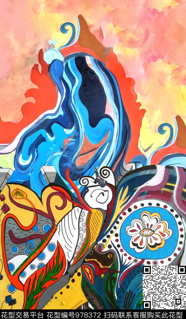 抽象定位花大牌风数码印花华亿平台下载（图片编号: 978372） - 瓦栏（Walan）