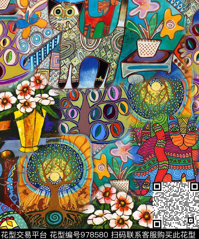 民族风花瓶花卉数码印花华亿平台下载（图片编号: 978580） - 瓦栏（Walan）