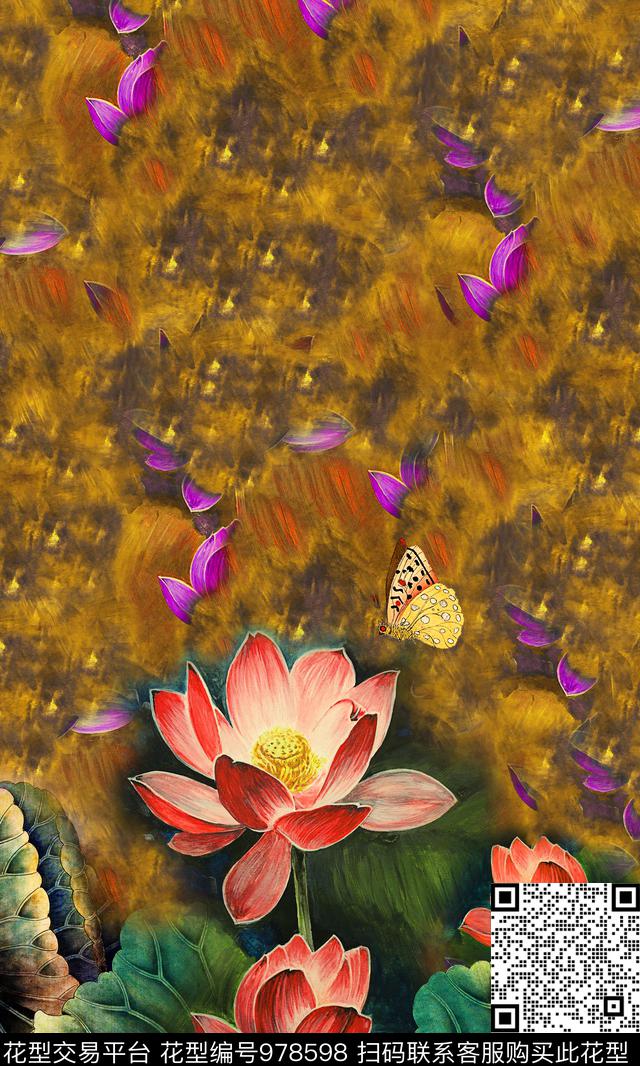 定位花中国风定位花蝴蝶数码印花华亿平台下载（图片编号: 978598） - 瓦栏（Walan）