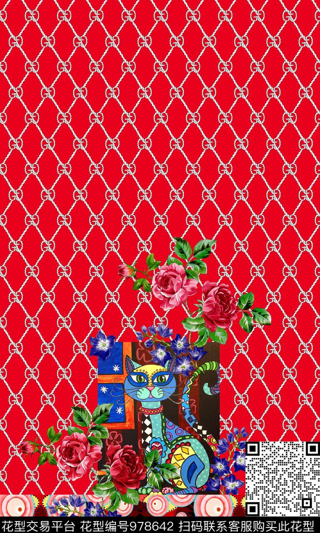 民族风猫花卉数码印花华亿平台下载（图片编号: 978642） - 瓦栏（Walan）