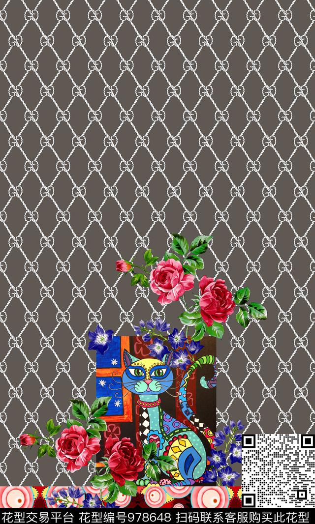 民族风猫花卉数码印花华亿平台下载（图片编号: 978648） - 瓦栏（Walan）