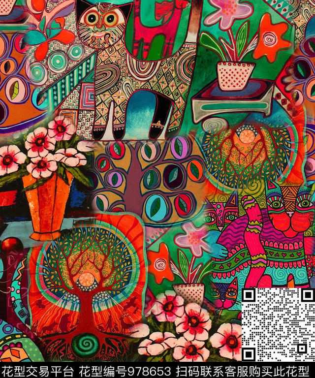民族风花瓶花卉数码印花华亿平台下载（图片编号: 978653） - 瓦栏（Walan）