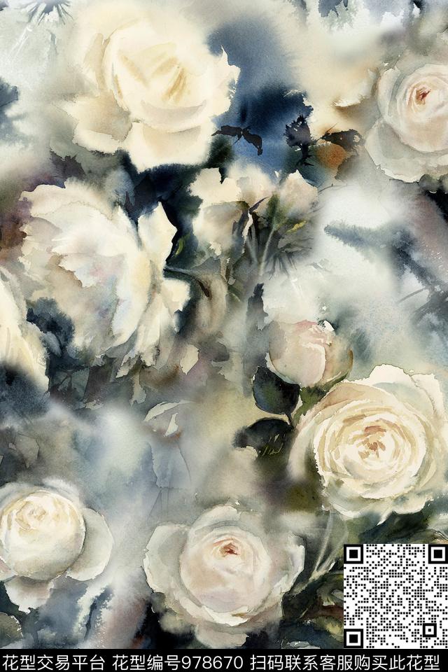 花卉水彩花卉手绘花卉数码印花华亿平台下载（图片编号: 978670） - 瓦栏（Walan）