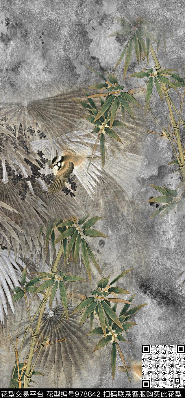 鸟中国风定位花竹子数码印花华亿平台下载（图片编号: 978842） - 瓦栏（Walan）