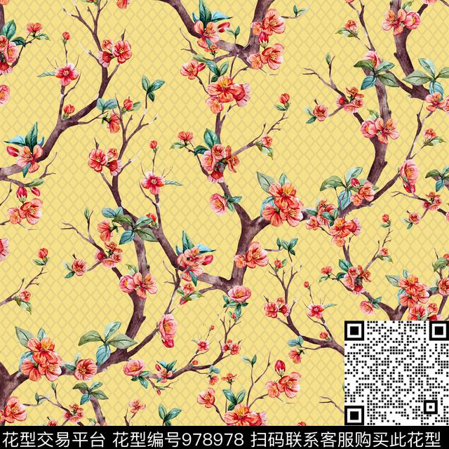 梅花水彩花卉手绘花卉数码印花华亿平台下载（图片编号: 978978） - 瓦栏（Walan）