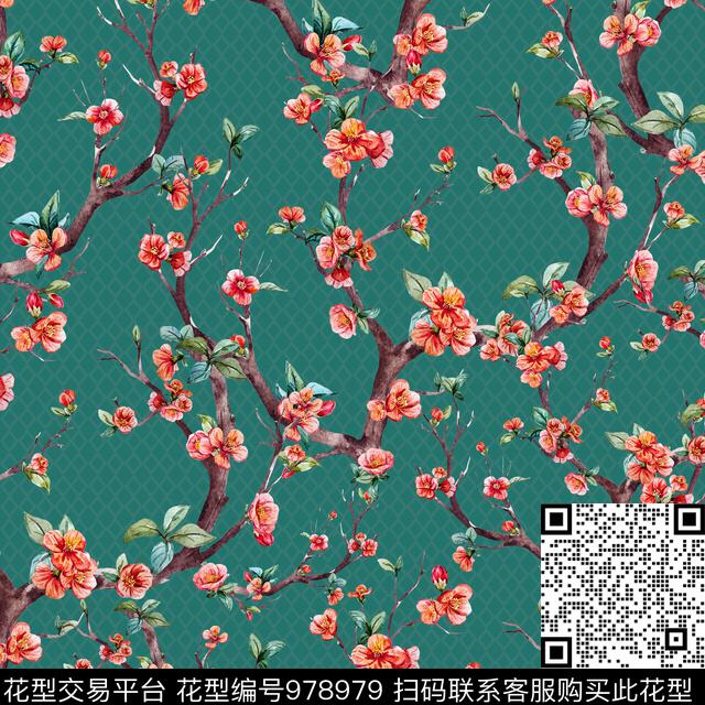 梅花水彩花卉手绘花卉数码印花华亿平台下载（图片编号: 978979） - 瓦栏（Walan）