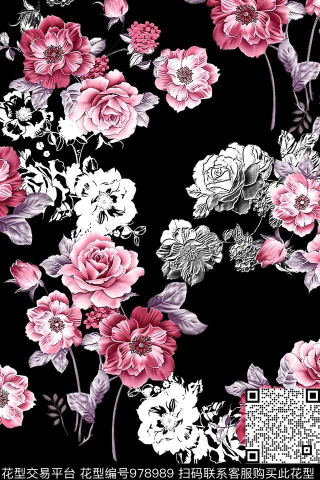 黑底花卉水彩花卉花卉数码印花华亿平台下载（图片编号: 978989） - 瓦栏（Walan）