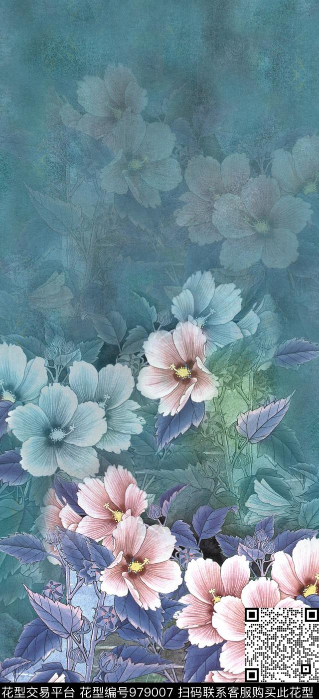 手绘花卉花卉定位花数码印花华亿平台下载（图片编号: 979007） - 瓦栏（Walan）