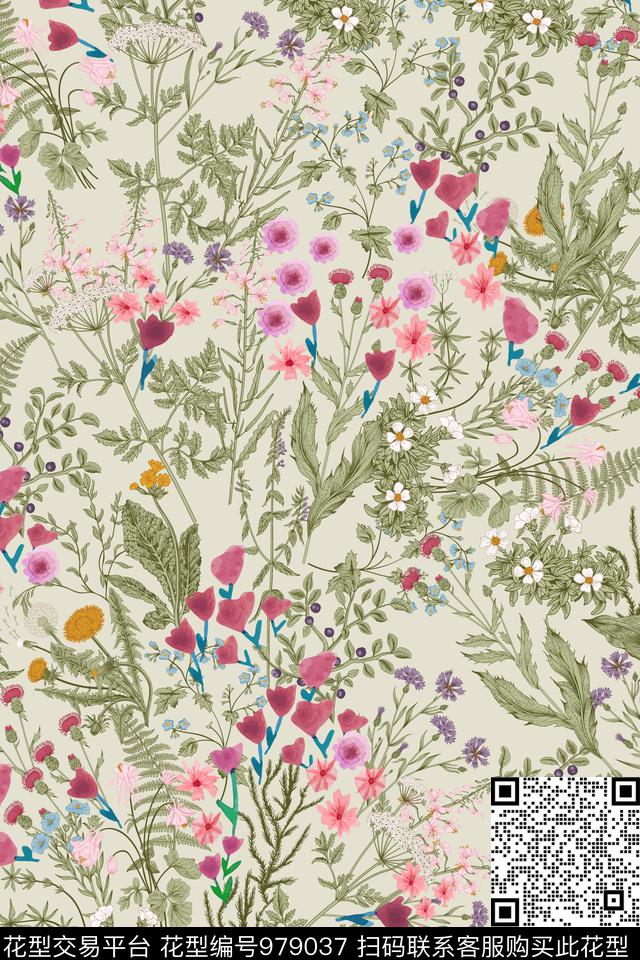 小碎花绿植树叶复古数码印花华亿平台下载（图片编号: 979037） - 瓦栏（Walan）