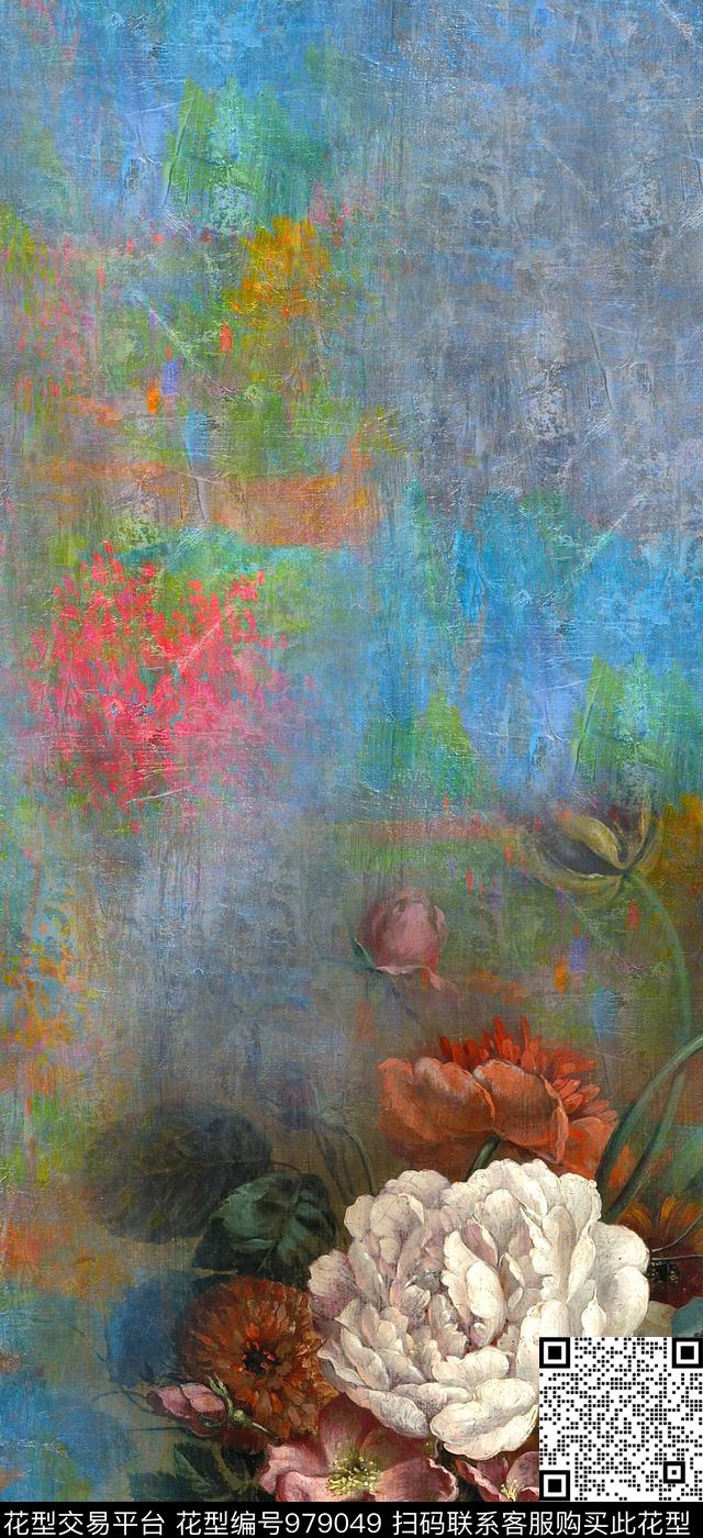 手绘花卉花卉定位花数码印花华亿平台下载（图片编号: 979049） - 瓦栏（Walan）