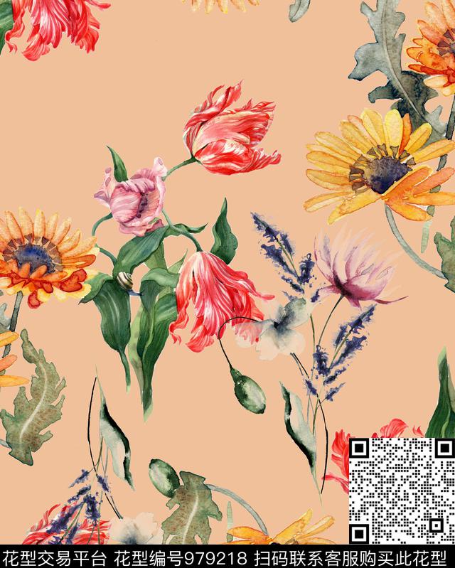手绘花卉花卉清爽底花卉数码印花华亿平台下载（图片编号: 979218） - 瓦栏（Walan）