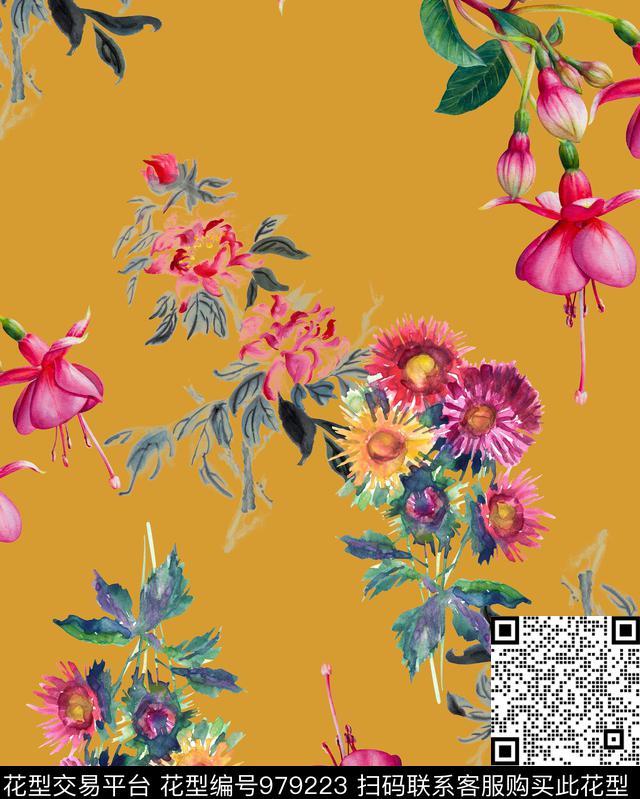 数码华亿平台植物手绘花卉数码印花华亿平台下载（图片编号: 979223） - 瓦栏（Walan）