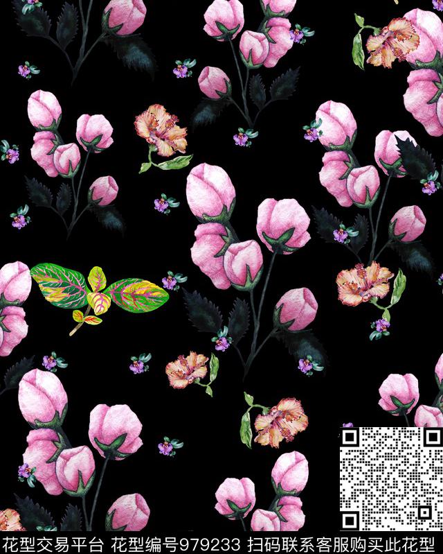 数码华亿平台植物手绘花卉数码印花华亿平台下载（图片编号: 979233） - 瓦栏（Walan）