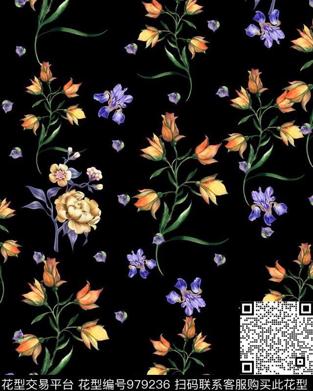 手绘花卉花卉清爽底花卉数码印花华亿平台下载（图片编号: 979236） - 瓦栏（Walan）