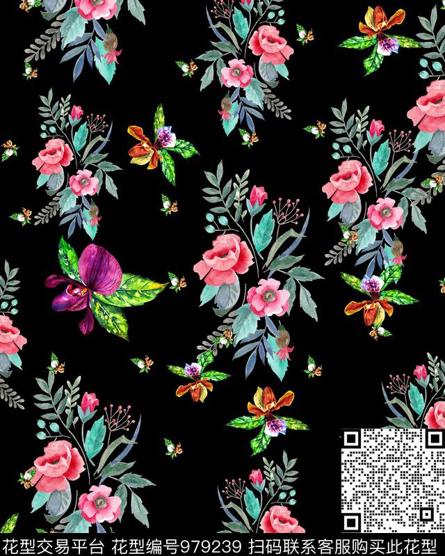 手绘花卉花卉清爽底花卉数码印花华亿平台下载（图片编号: 979239） - 瓦栏（Walan）