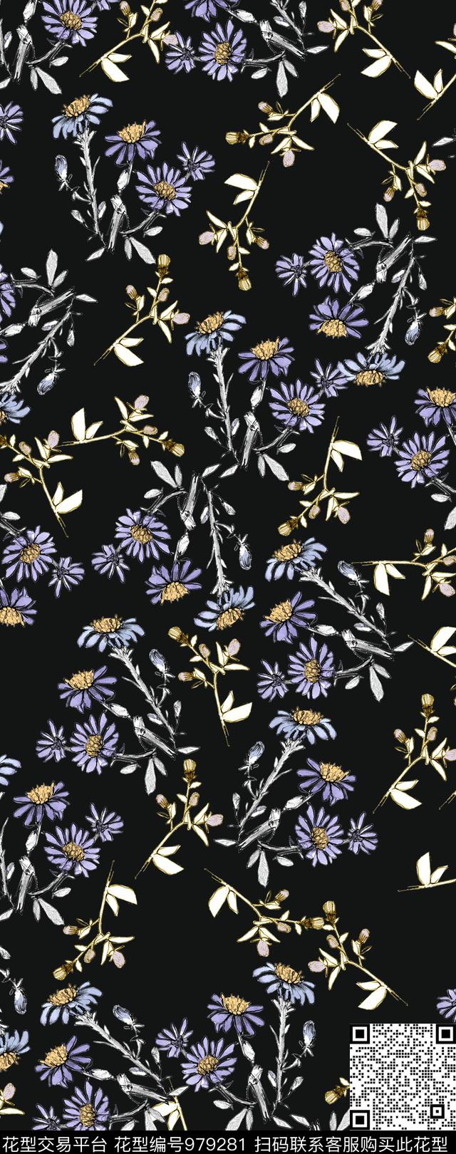 手绘花卉花卉清爽底花卉数码印花华亿平台下载（图片编号: 979281） - 瓦栏（Walan）