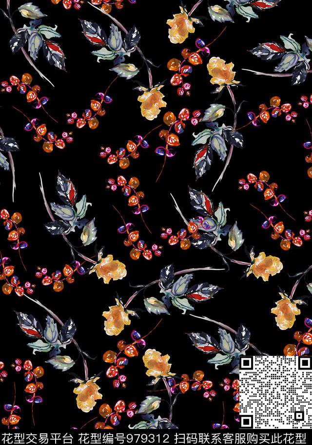 手绘花卉花卉小碎花数码印花华亿平台下载（图片编号: 979312） - 瓦栏（Walan）