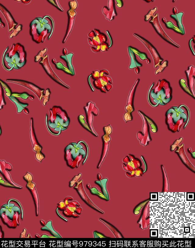 植物花卉清爽底花卉数码印花华亿平台下载（图片编号: 979345） - 瓦栏（Walan）