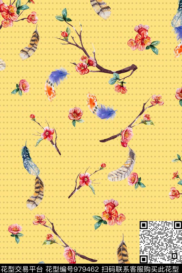 梅花手绘花卉羽毛数码印花华亿平台下载（图片编号: 979462） - 瓦栏（Walan）