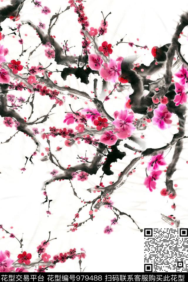 梅花手绘花卉花卉数码印花华亿平台下载（图片编号: 979488） - 瓦栏（Walan）
