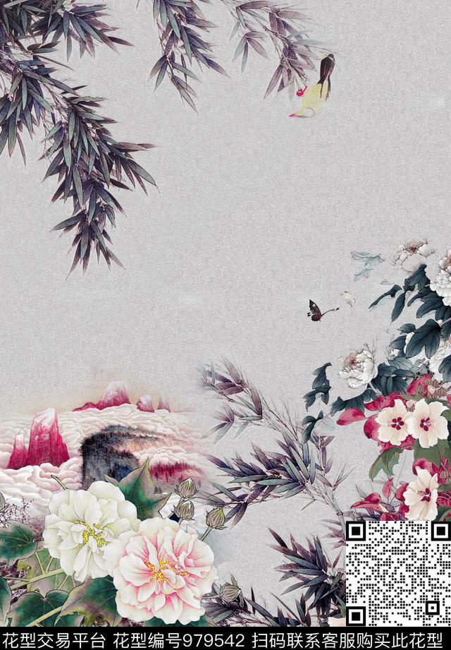 定位花中国风女装定位花数码印花华亿平台下载（图片编号: 979542） - 瓦栏（Walan）