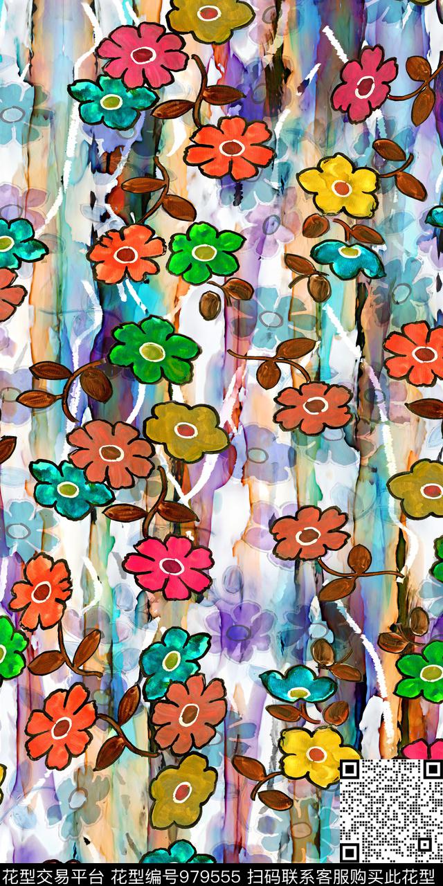 手绘花卉抽象小碎花数码印花华亿平台下载（图片编号: 979555） - 瓦栏（Walan）