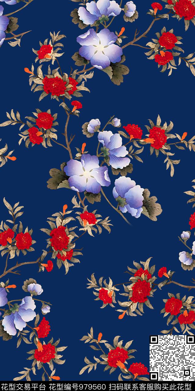数码华亿平台手绘花卉清爽底花卉数码印花华亿平台下载（图片编号: 979560） - 瓦栏（Walan）