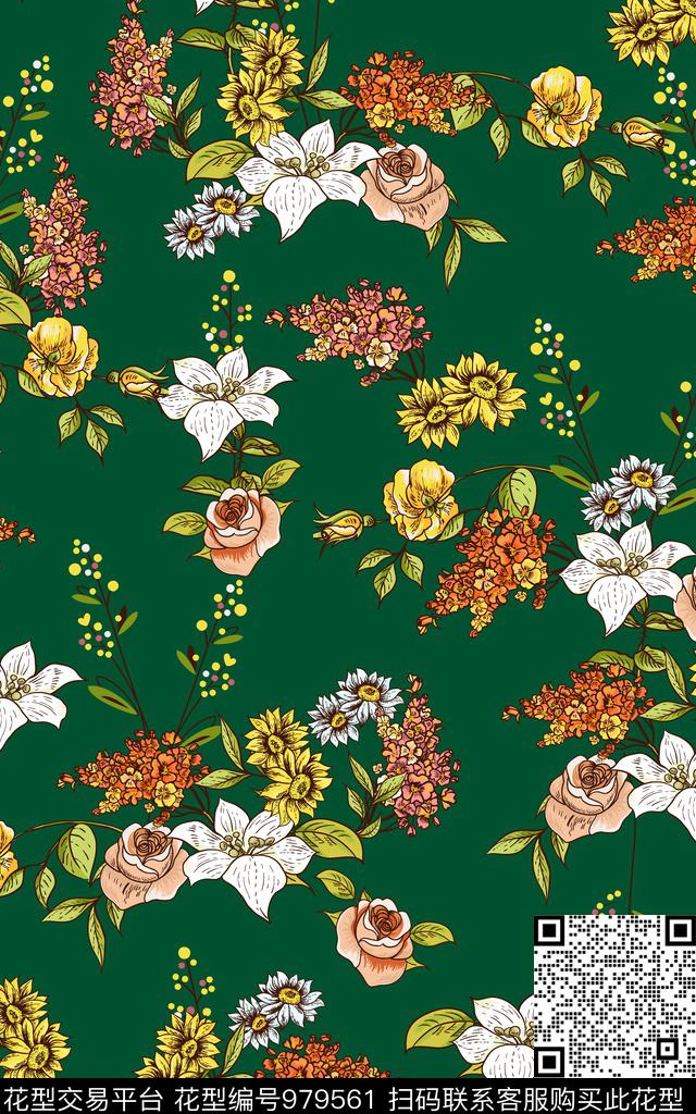 彩底花卉小碎花花卉传统印花华亿平台下载（图片编号: 979561） - 瓦栏（Walan）