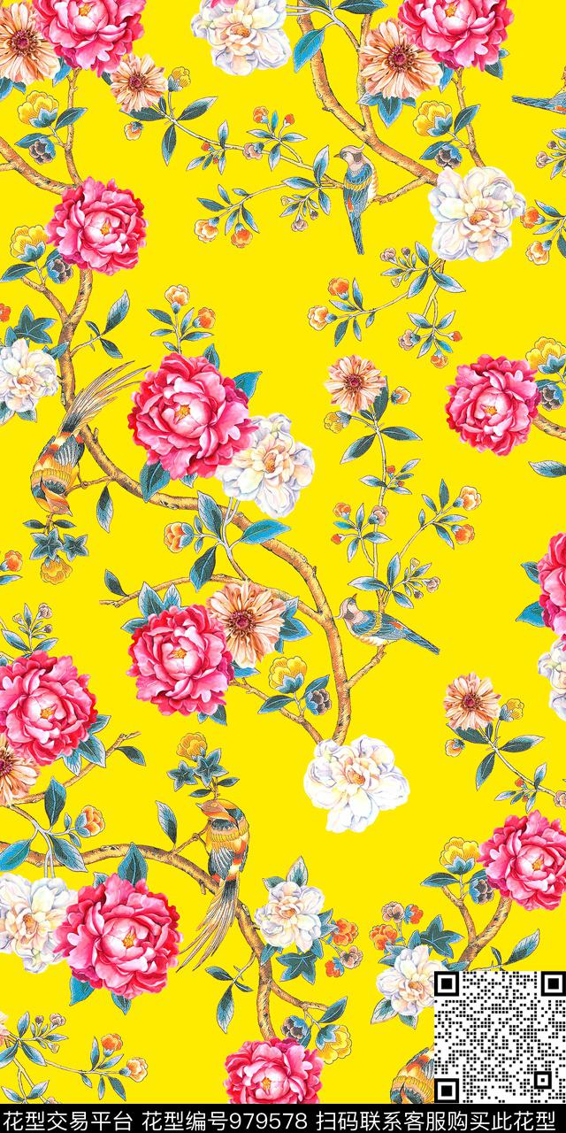 数码华亿平台手绘花卉亮色花朵数码印花华亿平台下载（图片编号: 979578） - 瓦栏（Walan）
