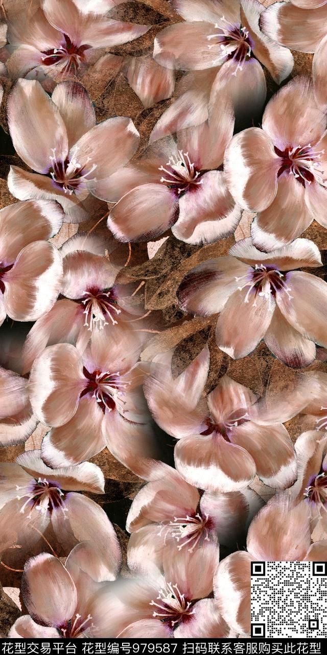 手绘花卉抽象花卉复古数码印花华亿平台下载（图片编号: 979587） - 瓦栏（Walan）