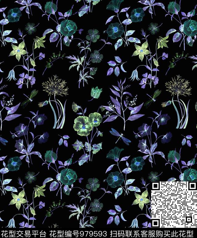 小碎花手绘花卉黑底花卉数码印花华亿平台下载（图片编号: 979593） - 瓦栏（Walan）