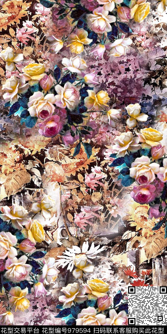 抽象花卉复古抽象底纹数码印花华亿平台下载（图片编号: 979594） - 瓦栏（Walan）