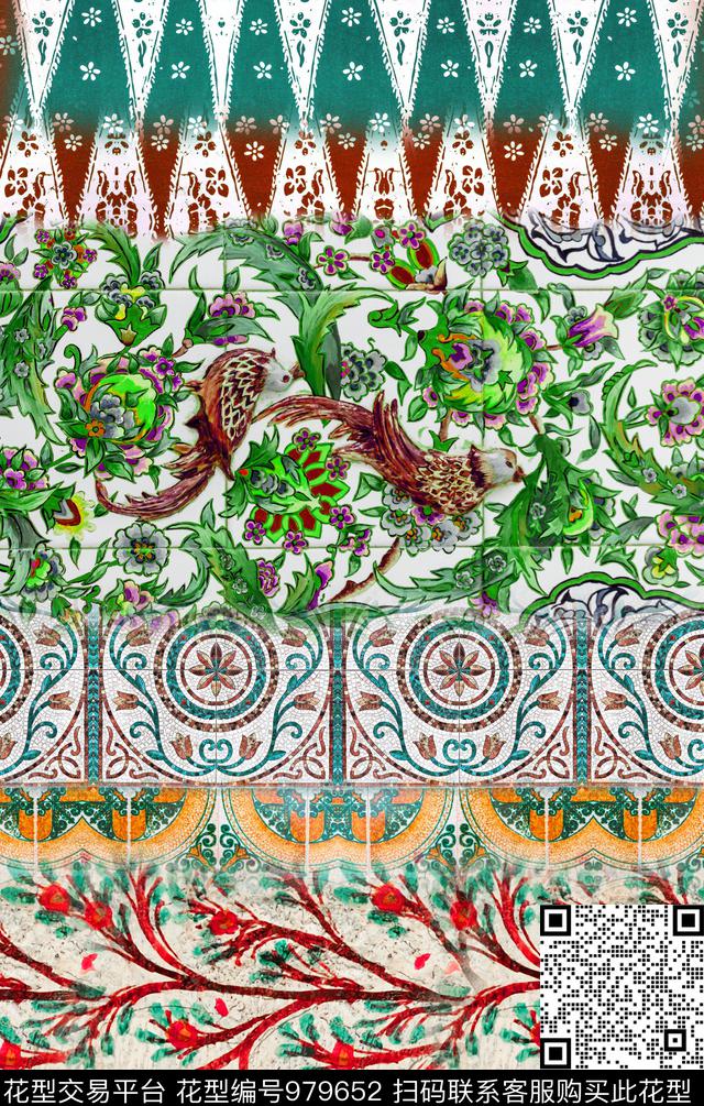 波西米亚定位花复古数码印花华亿平台下载（图片编号: 979652） - 瓦栏（Walan）