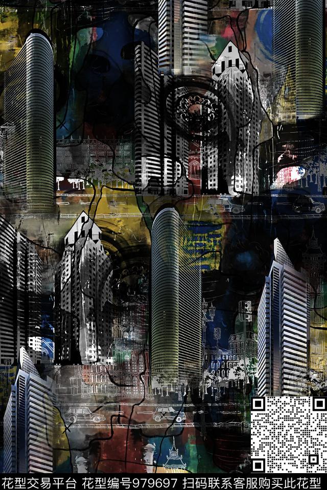 复古潮牌城市建筑数码印花华亿平台下载（图片编号: 979697） - 瓦栏（Walan）