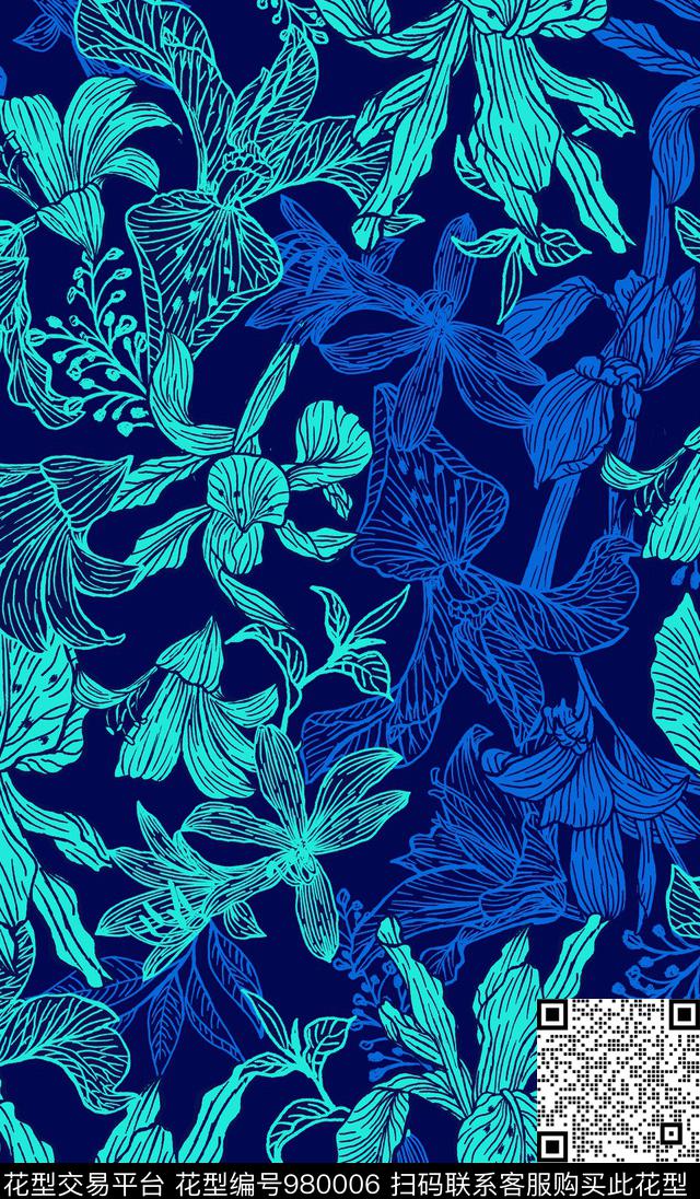 时尚线条花卉简约大牌大牌风传统印花华亿平台下载（图片编号: 980006） - 瓦栏（Walan）