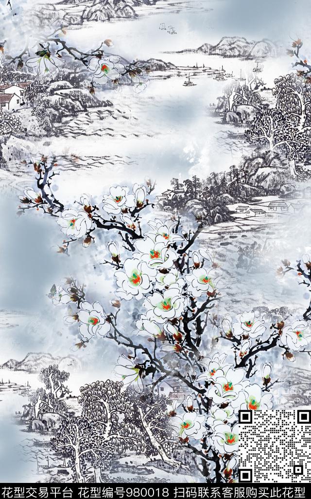 玉兰花花卉灰色花数码印花华亿平台下载（图片编号: 980018） - 瓦栏（Walan）