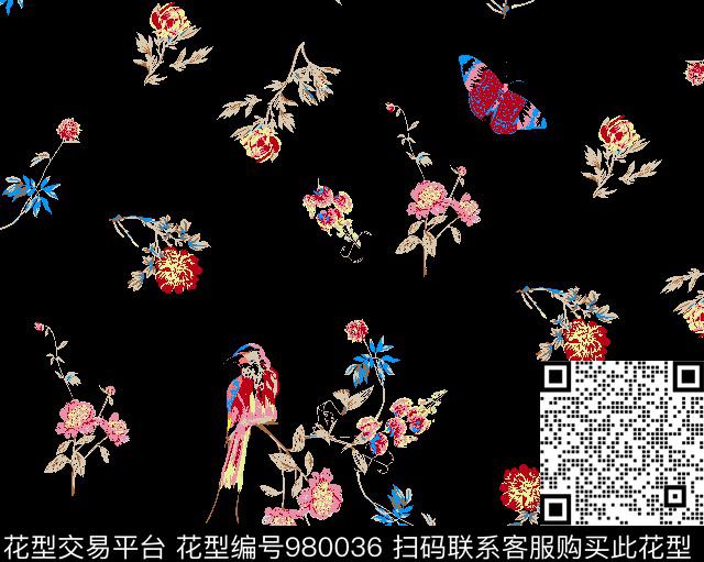 彩底花卉小碎花鸟/昆虫传统印花华亿平台下载（图片编号: 980036） - 瓦栏（Walan）