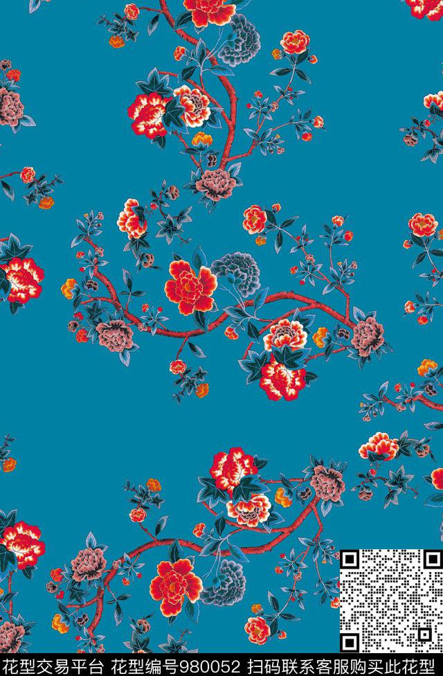 民族风花卉牡丹数码印花华亿平台下载（图片编号: 980052） - 瓦栏（Walan）