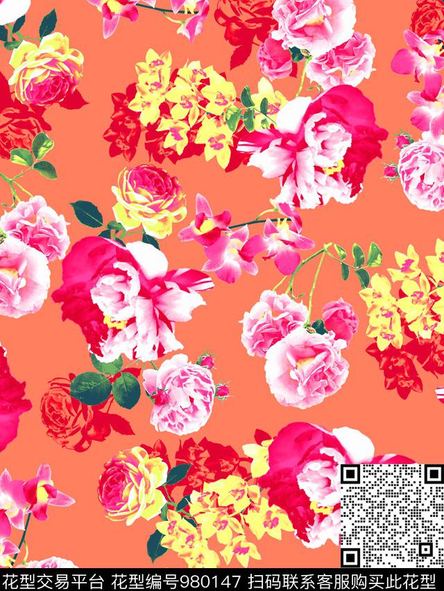 玫瑰花大牌风植物数码印花华亿平台下载（图片编号: 980147） - 瓦栏（Walan）
