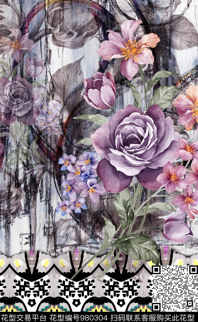 中国风花卉复古数码印花华亿平台下载（图片编号: 980304） - 瓦栏（Walan）