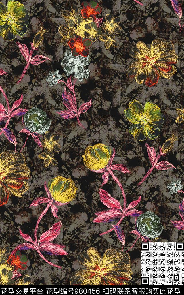 肌理抽象花卉笔触数码印花华亿平台下载（图片编号: 980456） - 瓦栏（Walan）