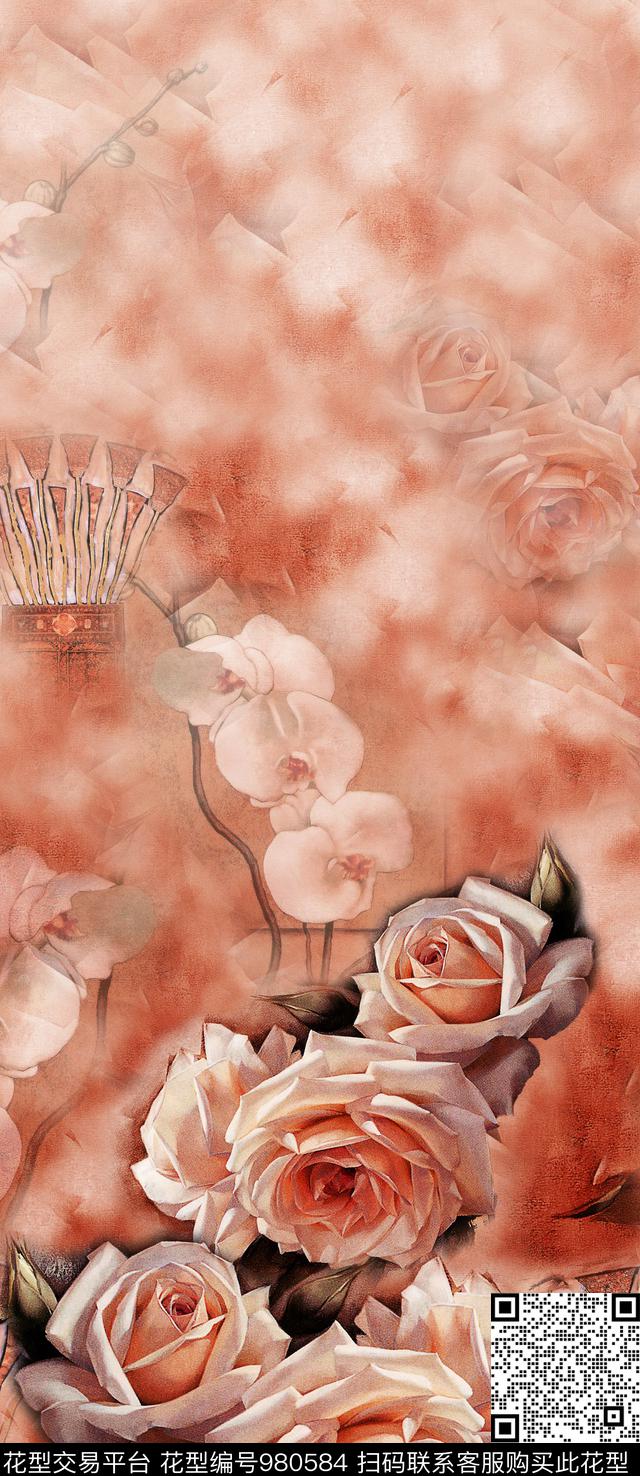 月季花花卉定位花数码印花华亿平台下载（图片编号: 980584） - 瓦栏（Walan）