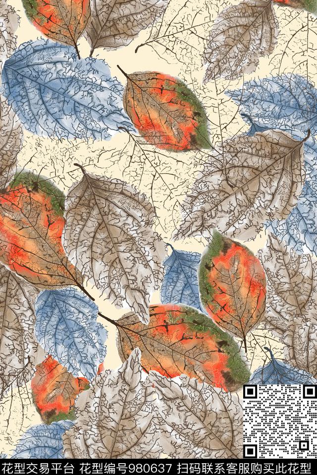 肌理手绘花卉绿植树叶数码印花华亿平台下载（图片编号: 980637） - 瓦栏（Walan）