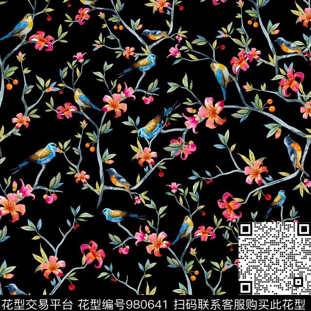 鸟水彩花卉手绘花卉数码印花华亿平台下载（图片编号: 980641） - 瓦栏（Walan）