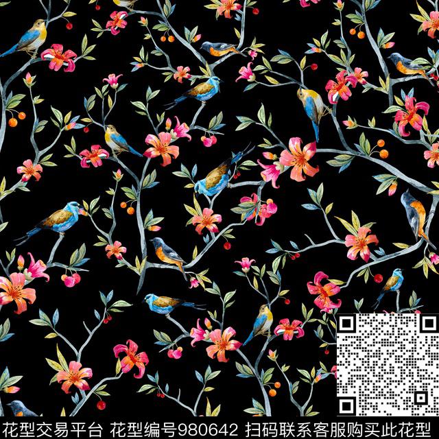 鸟水彩花卉手绘花卉数码印花华亿平台下载（图片编号: 980642） - 瓦栏（Walan）