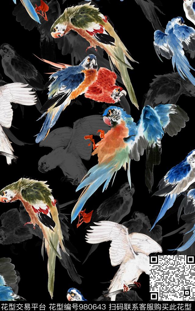 数码华亿平台鸟水墨风数码印花华亿平台下载（图片编号: 980643） - 瓦栏（Walan）