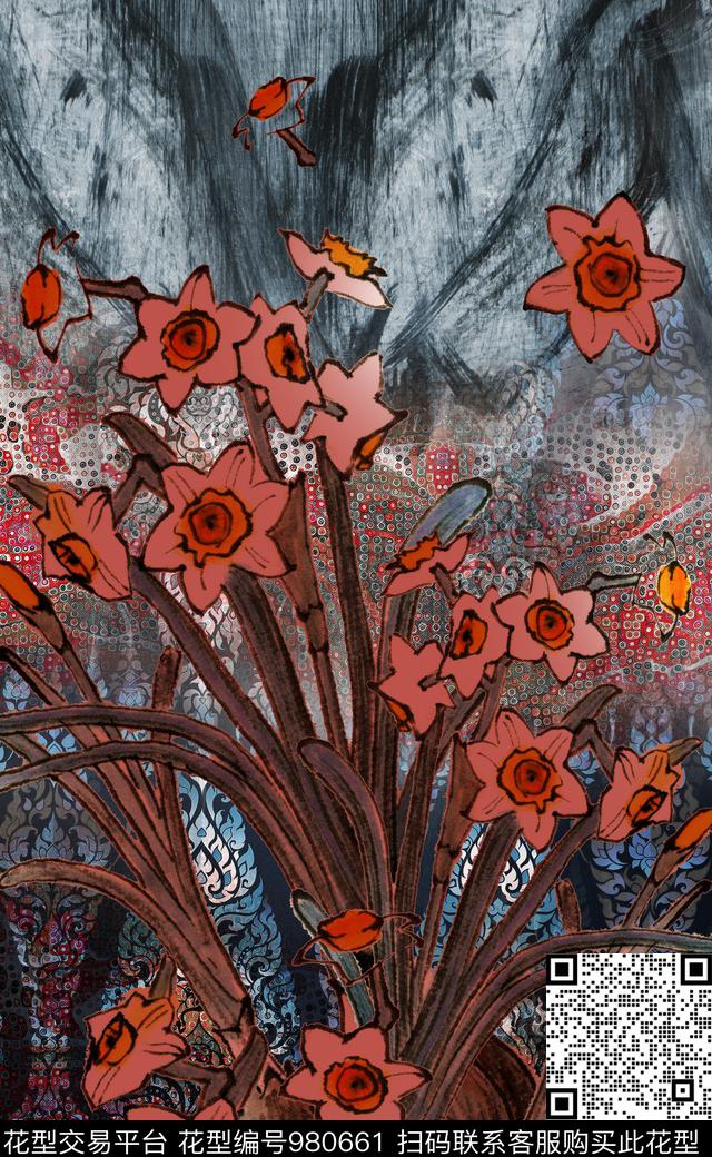 数码华亿平台民族风花卉数码印花华亿平台下载（图片编号: 980661） - 瓦栏（Walan）