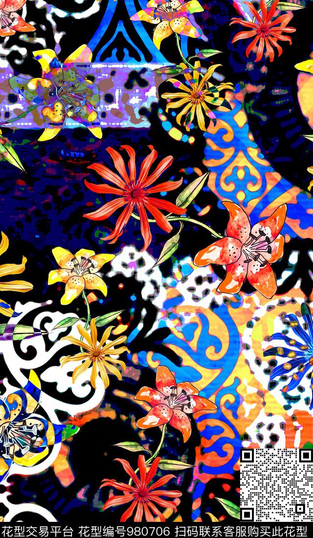 数码华亿平台抽象花卉数码印花华亿平台下载（图片编号: 980706） - 瓦栏（Walan）